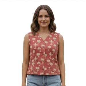 Rum Runner Palm Tree Print Sleeveless Silk Vest‎ Size Medium